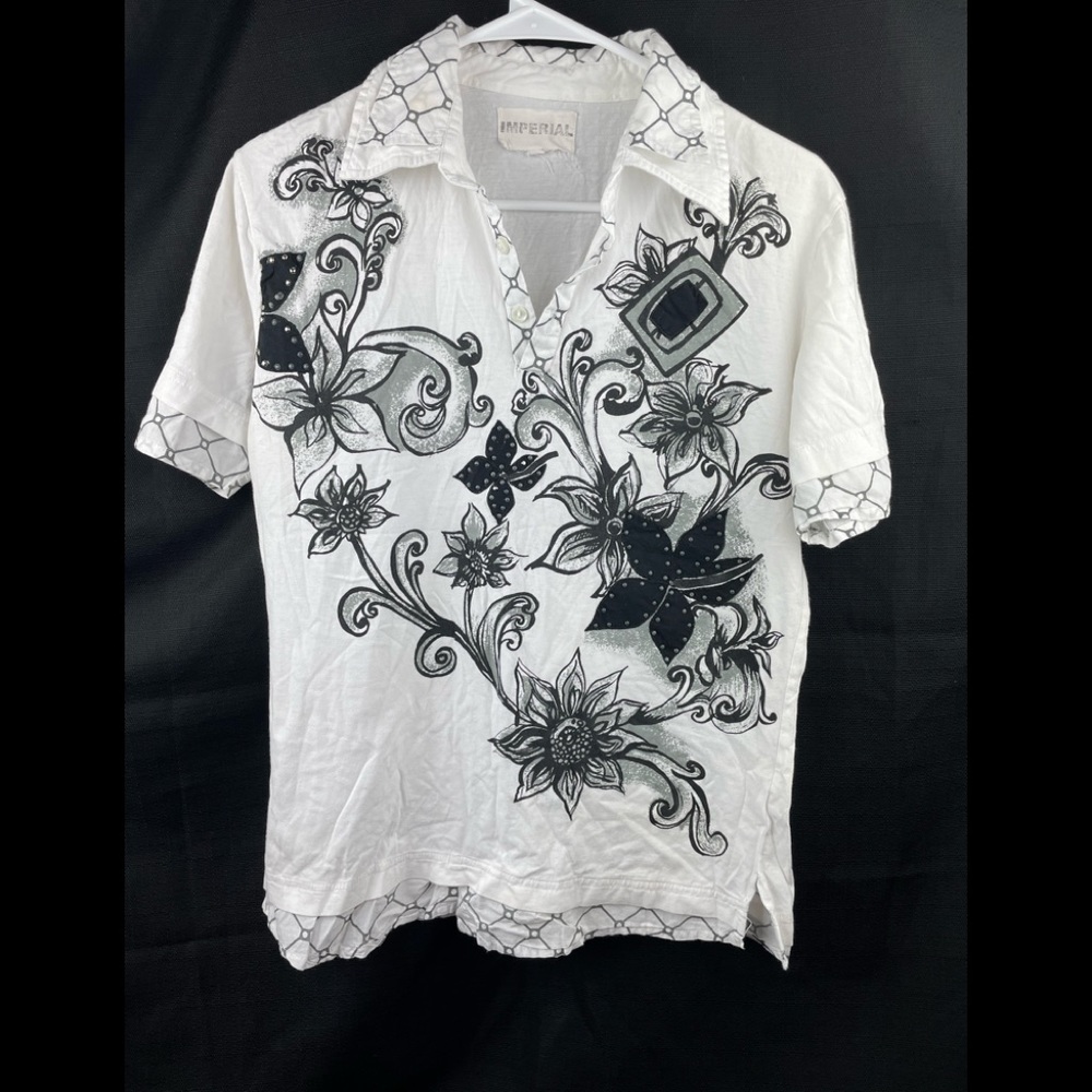 Imperial Short Sleeve White/Black Embellished Sz L